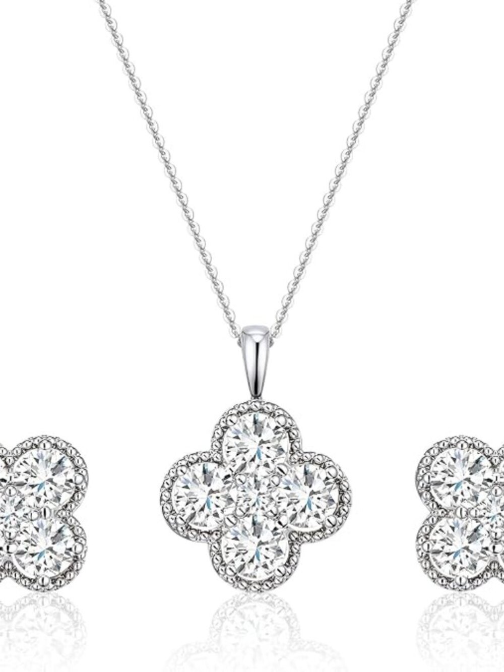 Clover Necklace and Stud Earrings Jewelry Set S925 Sterling Silver
